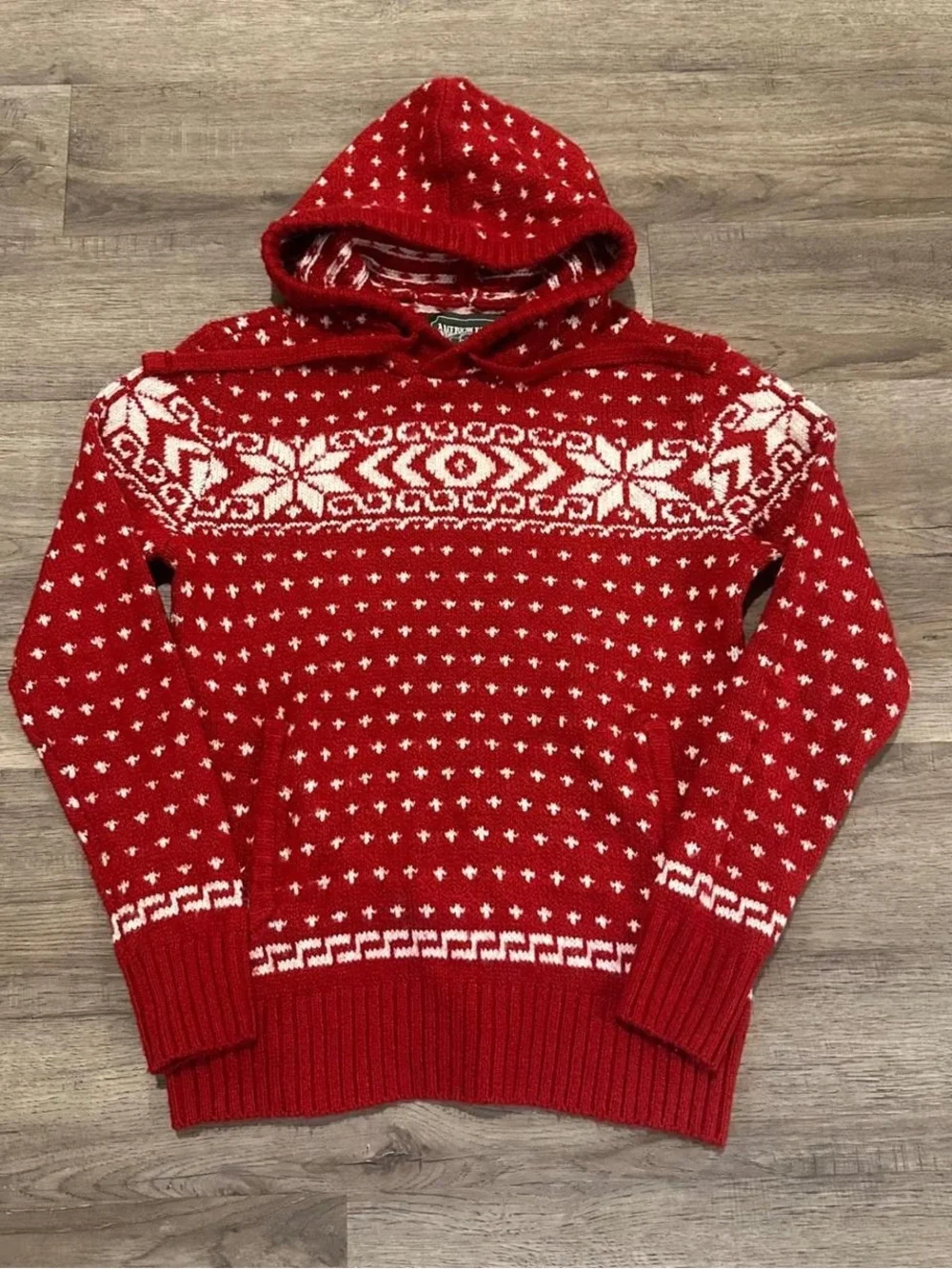 American Eagle Outfitters Red and White Hooded Sweater